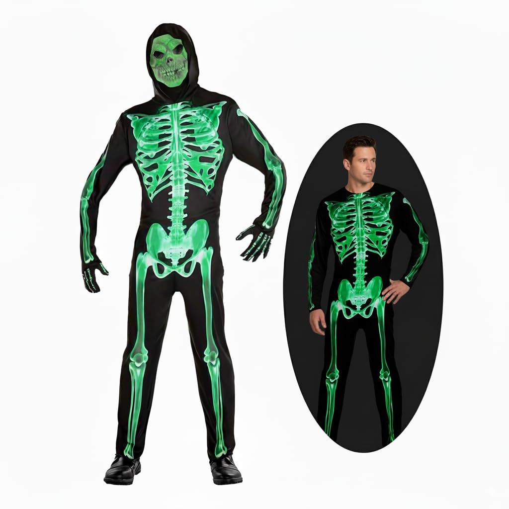 XXLOG Glow in the Dark Skeleton Costume Hooded Jumpsuit Halloween Cosplay Adult