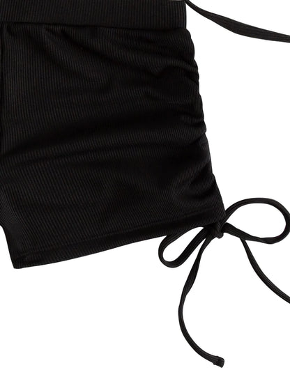 Tumhug Women's High Waist Bikini Set Crop Top Boy Shorts Black Size L