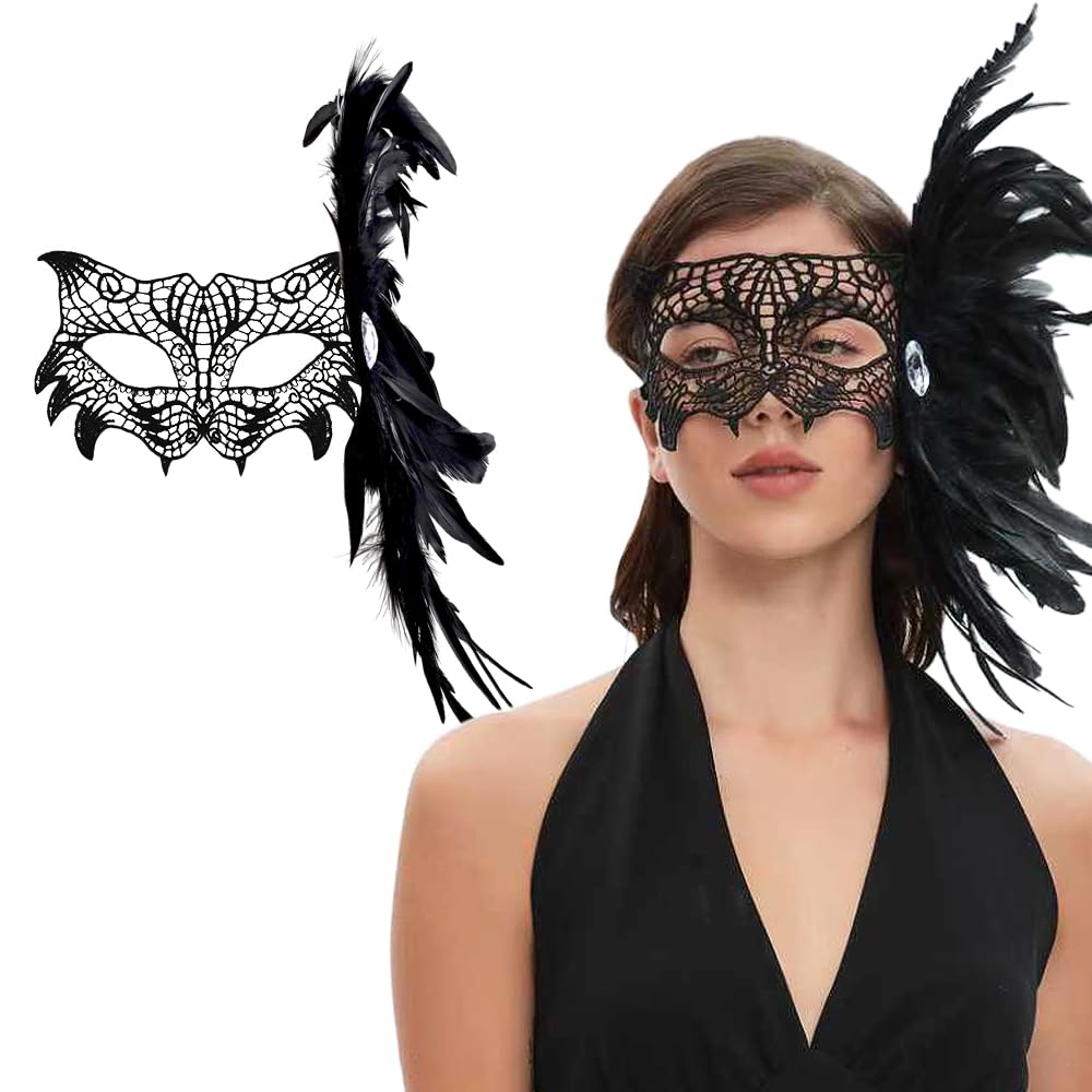 Livresse Fox Lace Feather Masquerade Mask Black Elastic Strap One Size