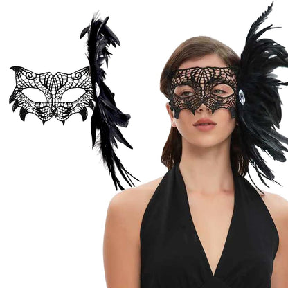 Livresse Fox Lace Feather Masquerade Mask Black Elastic Strap One Size