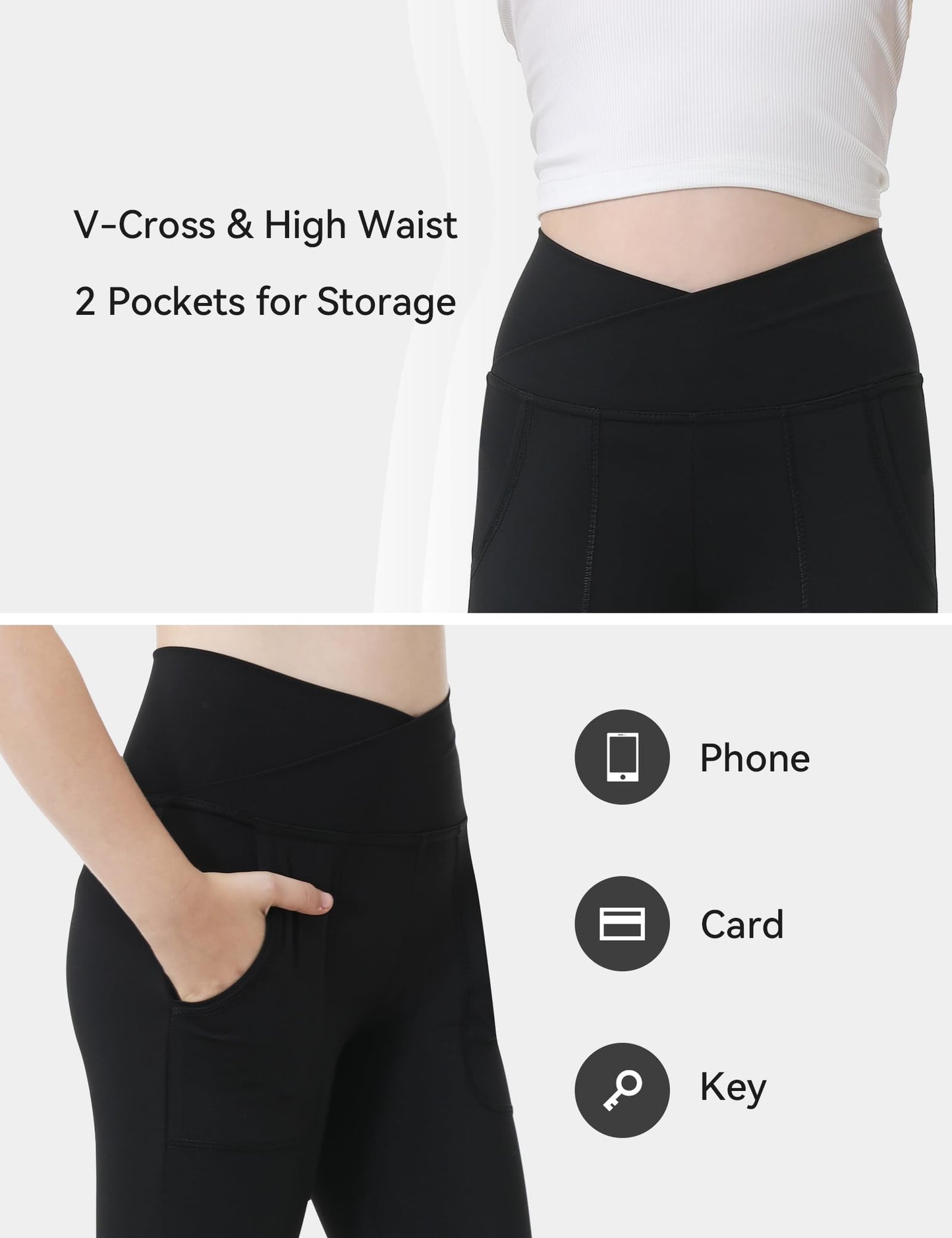 Kirinkylin Girls Flare Leggings 2 Pack V Cross Bootcut Pockets Black Size 10-11