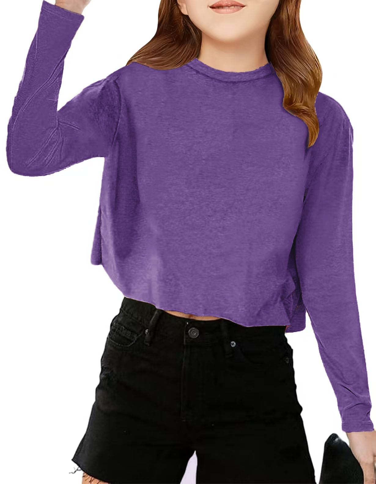 CharmWM Girls Long Sleeve Crop Top Crew Neck Casual Tee Deep Purple Size 9-10Y