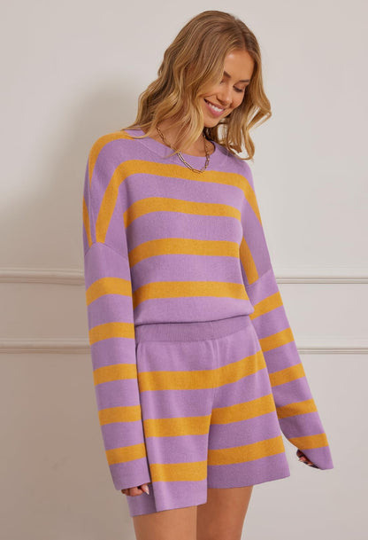 MEROKEETY Women's 2 Piece Sweater Set Striped Long Sleeve Shorts Purple Size S