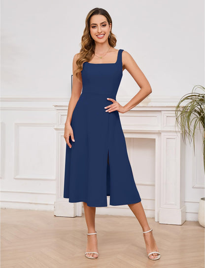 Gardenwed Womens Square Neck Midi Dress Sleeveless Slit Cocktail Navy M