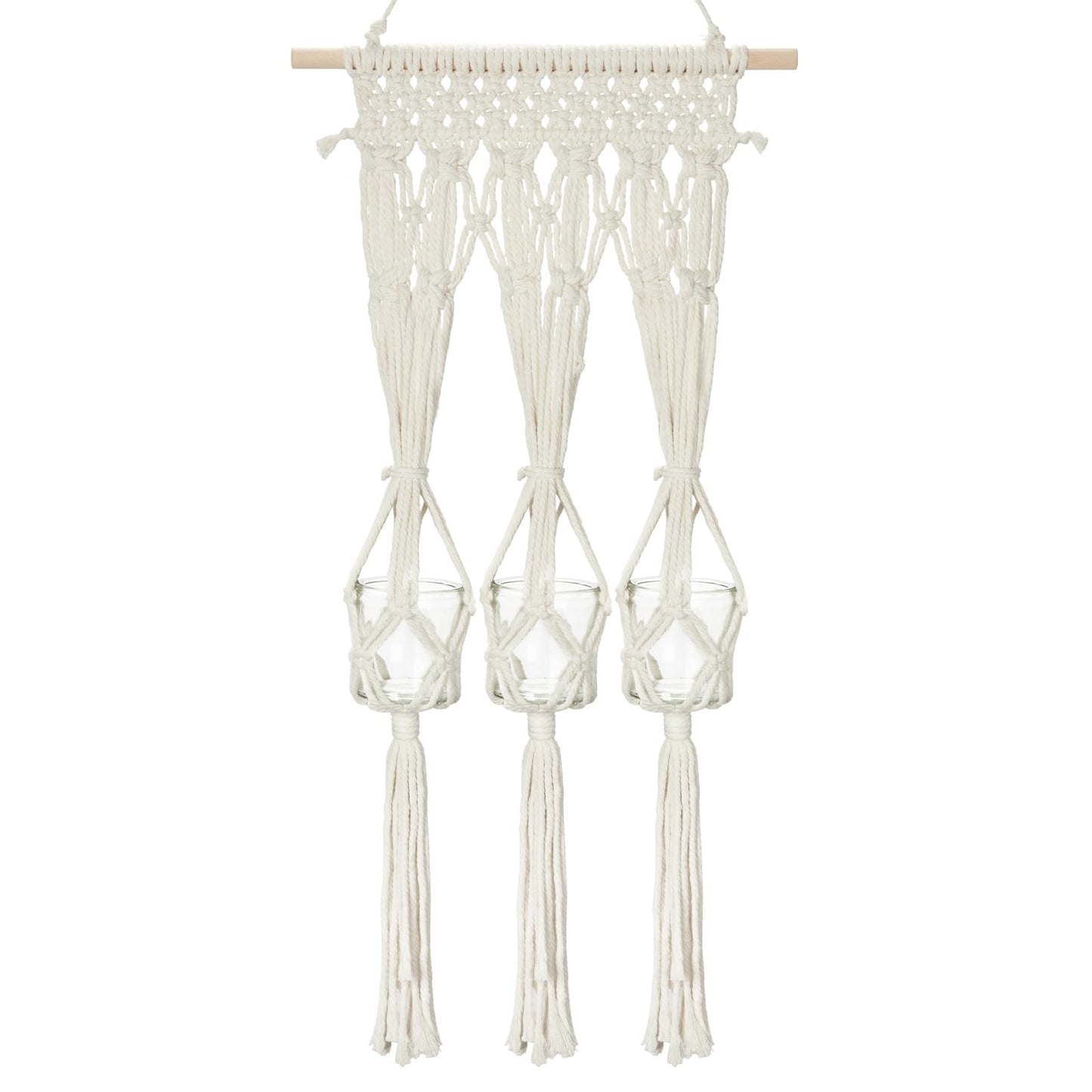 Briful Macrame Wall Hanging Shelf Cream-White with 3 Glass Vases Boho Decor