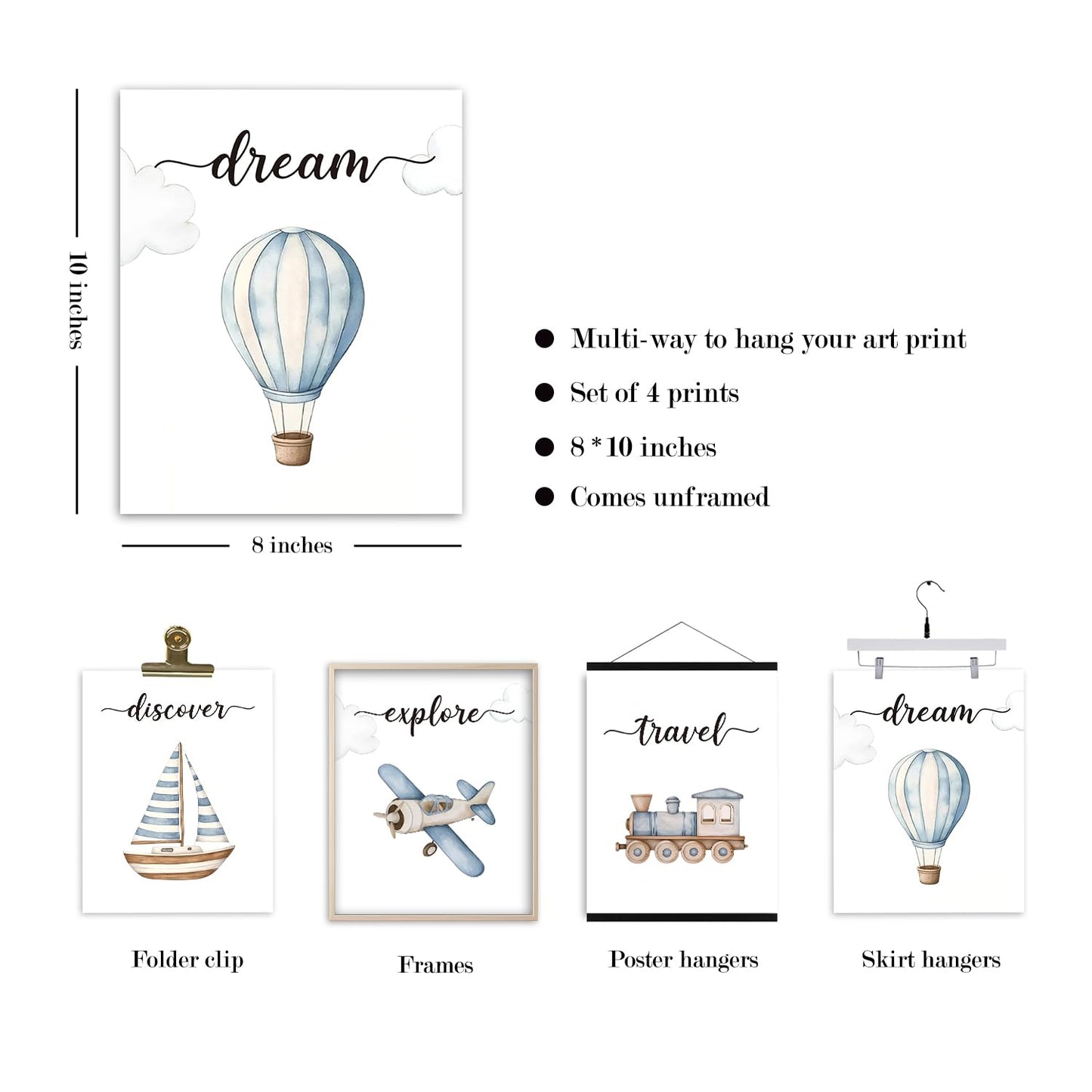 VIIJJUE Nursery Wall Art Set 4 Transportation Prints 8x10 Watercolor Blue