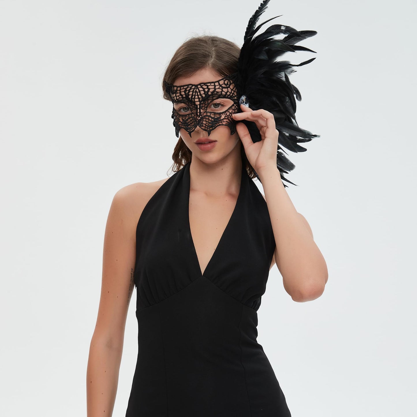 Livresse Fox Lace Feather Masquerade Mask Black Elastic Strap One Size