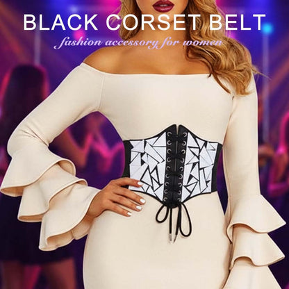 Asooll Punk Black Leather Corset Belt Lace Up Sequin Waist Belt Size S