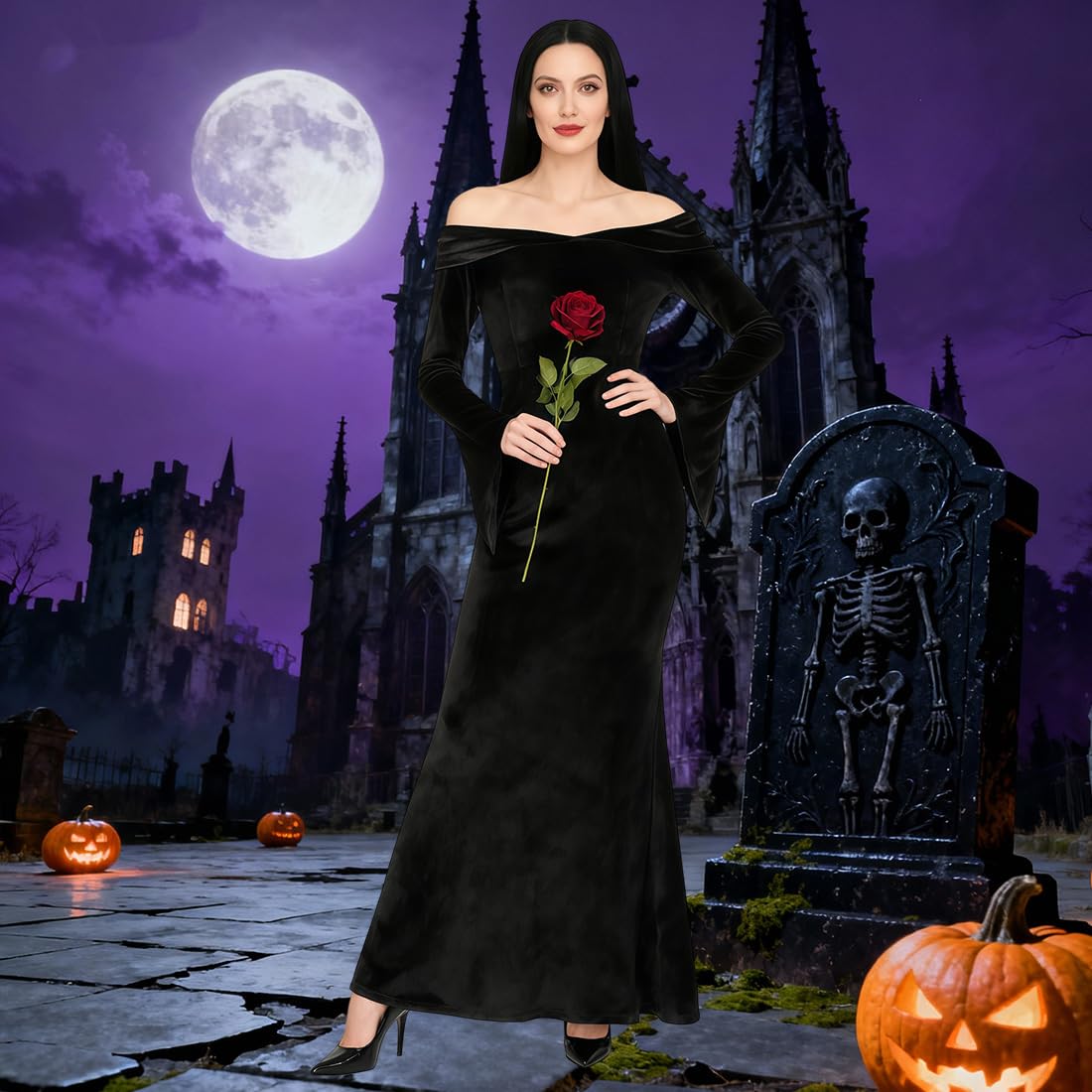 QUJQOM Halloween Gothic Dress Black V-neck Red Rose Wig Size L