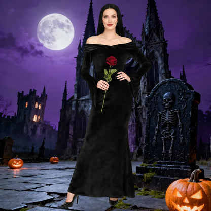 QUJQOM Halloween Gothic Dress Black V-neck Red Rose Wig Size L
