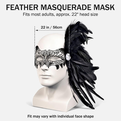 Livresse Fox Lace Feather Masquerade Mask Black Elastic Strap One Size