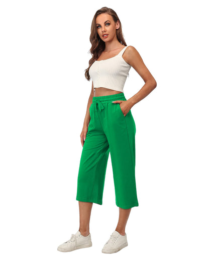 RESHE Womens Capri Pants Yoga Wide Leg Drawstring Pockets Green Size 2XL