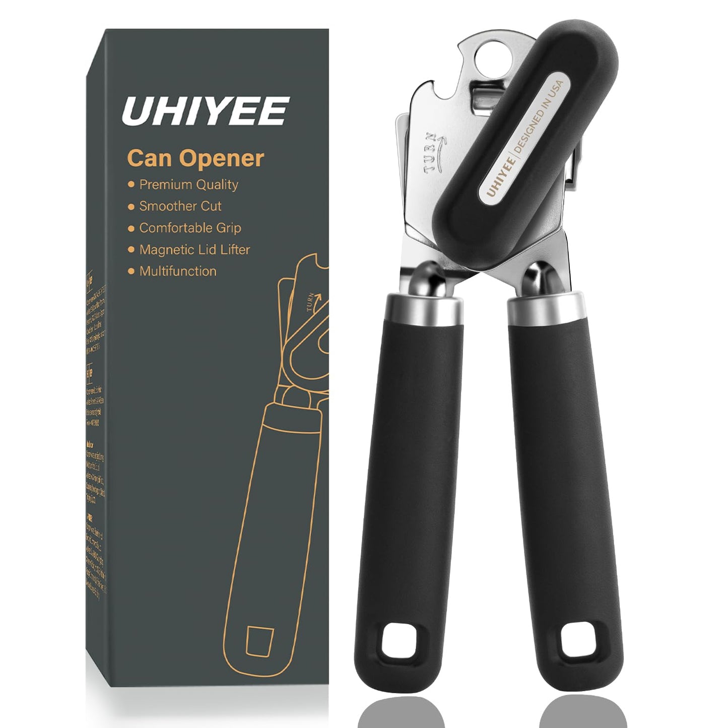 UHIYEE Manual Can Opener Heavy Duty Sharp Blade Soft Handle Black