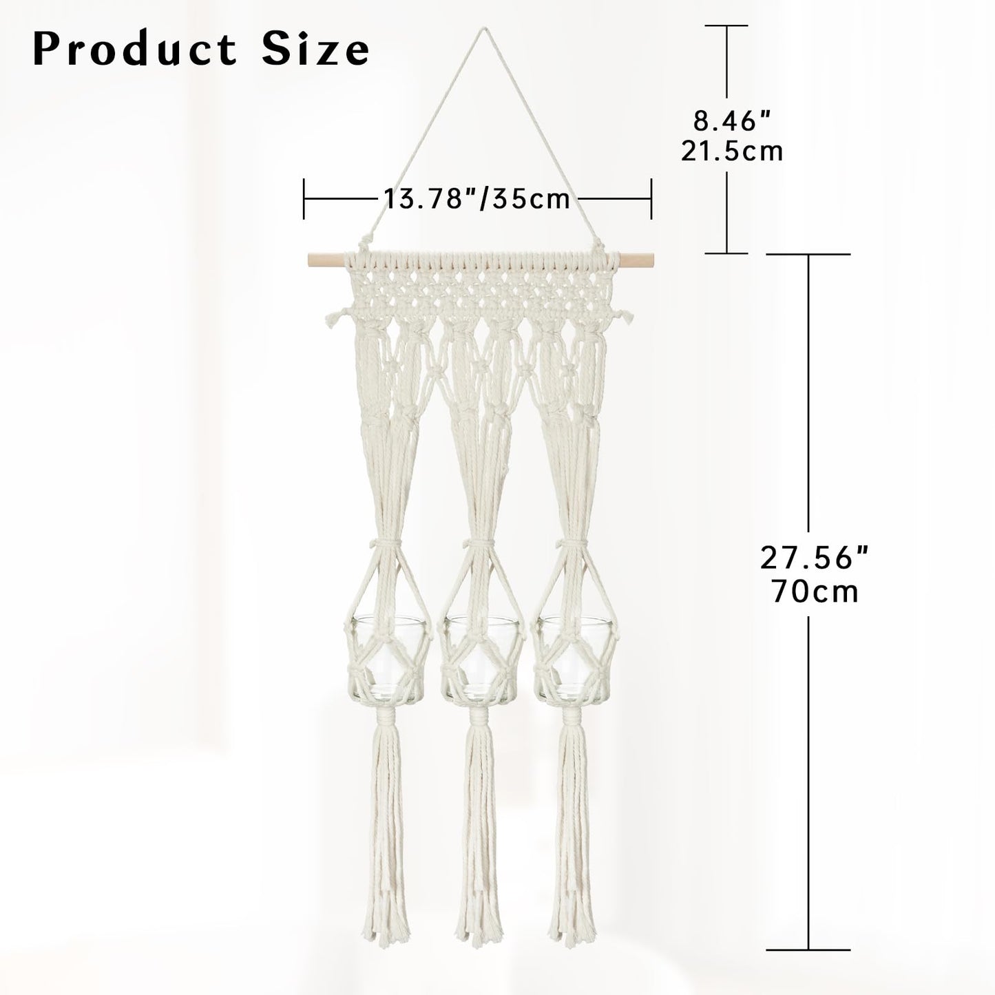 Briful Macrame Wall Hanging Shelf Cream-White with 3 Glass Vases Boho Decor