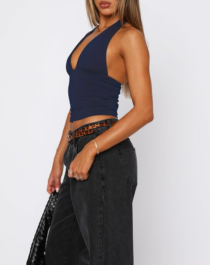 TiulZial Womens Backless Halter Crop Tank Top Navy Blue Size M