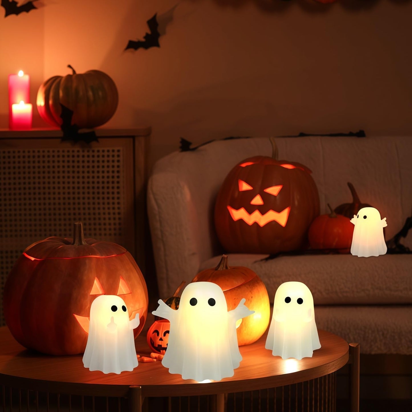 Nafhone Halloween Ghost Flameless LED Candles 4 Pack Real Wax White 8x7cm
