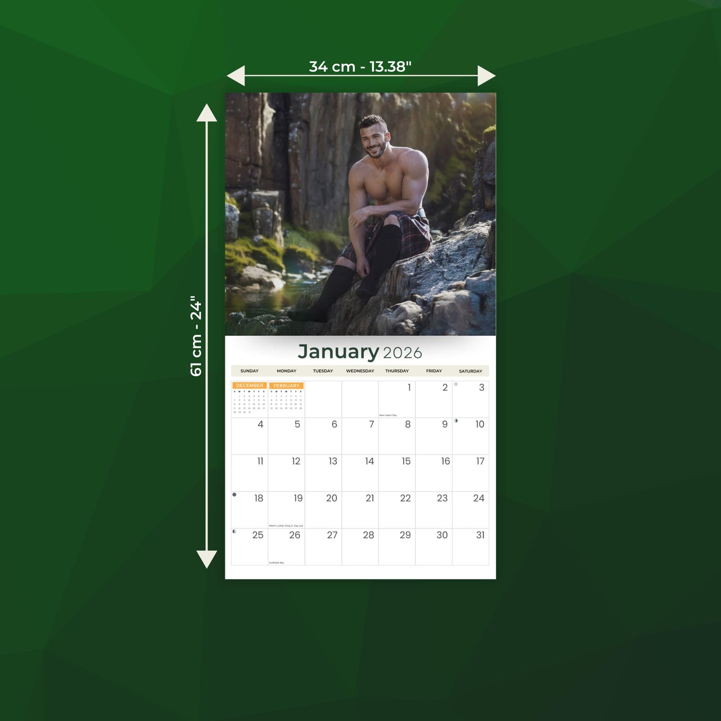 Just Calendars Men in Kilts 2026 Deluxe Wall Calendar 12x13.3 Large