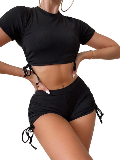 Tumhug Women's High Waist Bikini Set Crop Top Boy Shorts Black Size L
