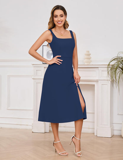 Gardenwed Womens Square Neck Midi Dress Sleeveless Slit Cocktail Navy M