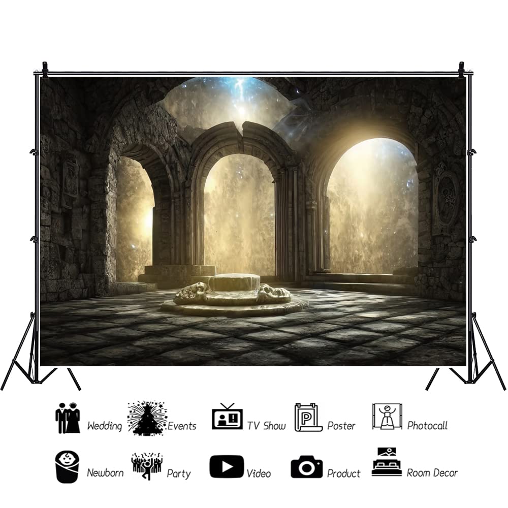 DORCEV Gothic Castle Ruins Backdrop Vintage Foggy Fantasy 12x8ft Grey Vinyl