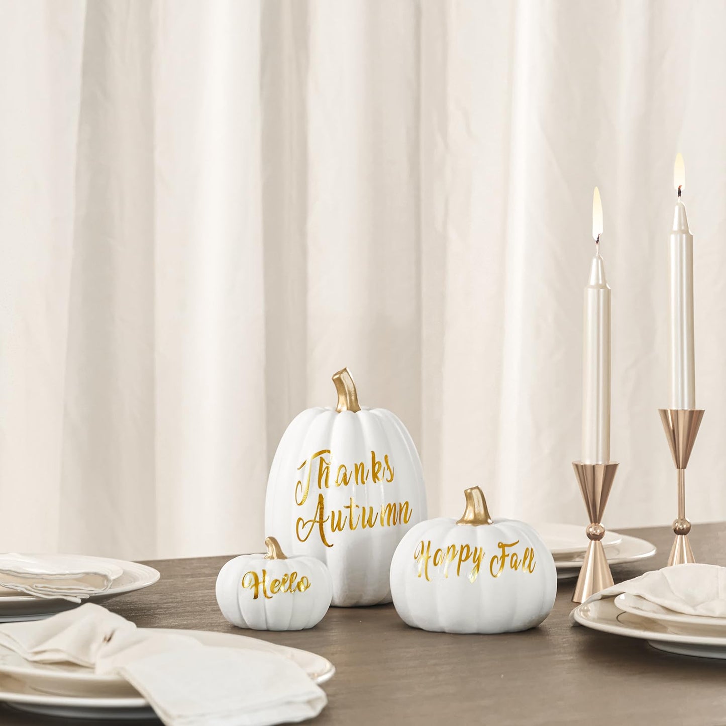 DN DECONATION 3 Pc Fall Pumpkin Decorations White Brown Black Resin Figurines