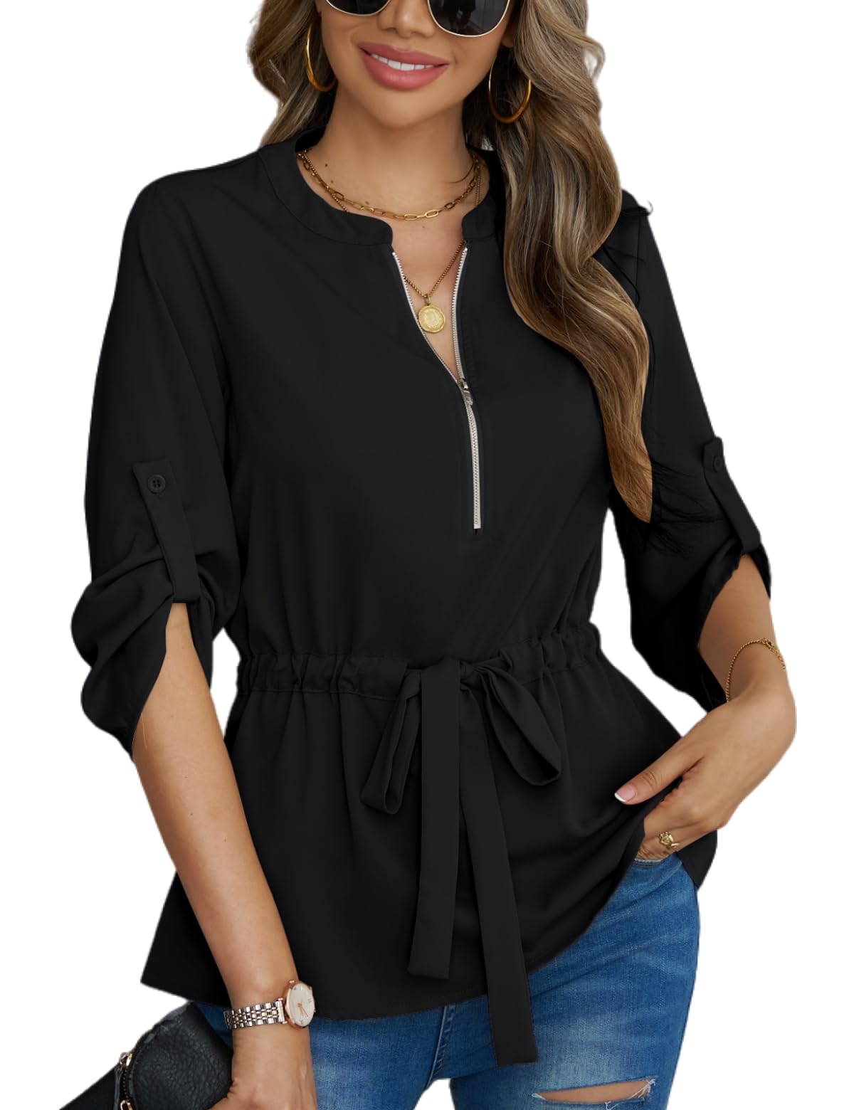 CiCiBird Womens Peplum Zip Blouse 3/4 Sleeve Work Shirt Black Size L