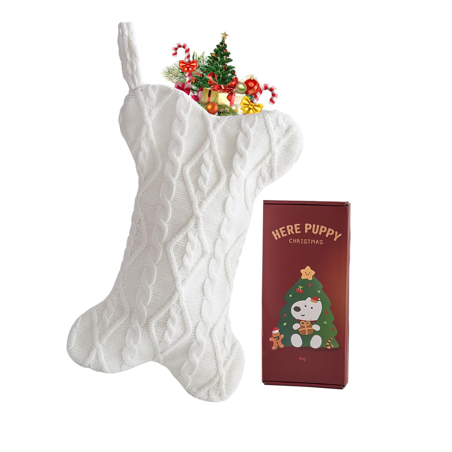 Mayler Yee Dog Christmas Stocking White Knit Bone Shape 16.7x9.6 Inch