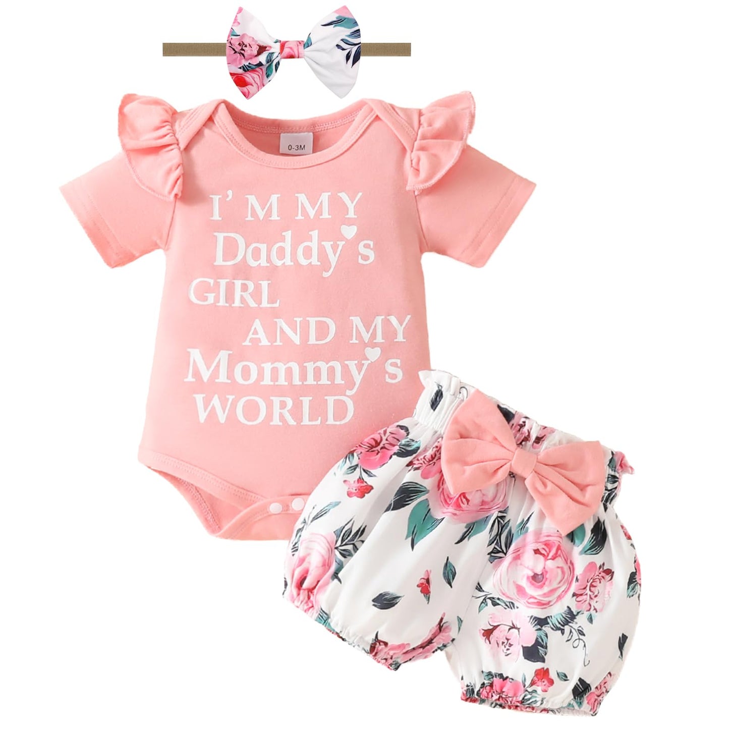 Mikccer Baby Girl Ruffle Romper & Floral Pants Set with Headband Pink Size 0-3M