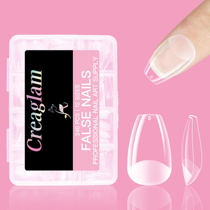 Creaglam Short Square Nail Tips 240Pcs Clear Acrylic 12 Sizes Soft Gel