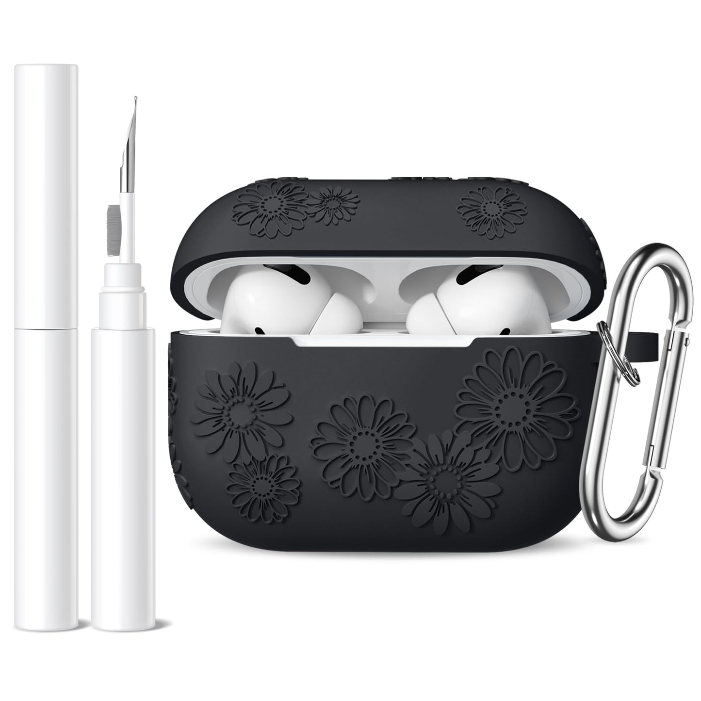 Adorve AirPods Pro 2 Silicone Case Flower Engraved Black Front LED Visible