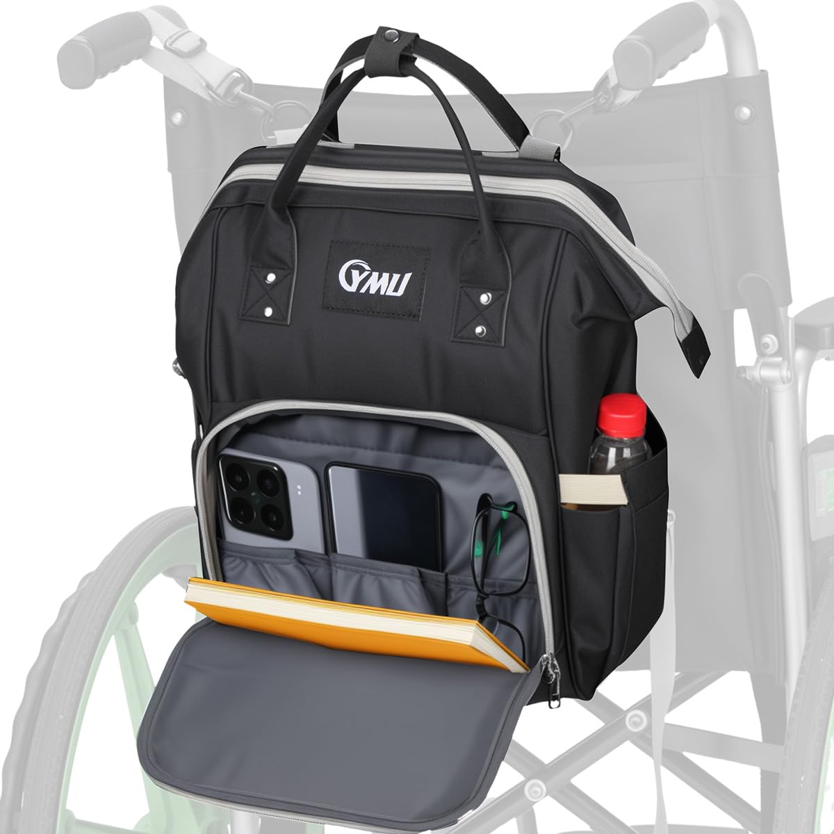 YMU Wheelchair Backpack Bag Large Insulated Pocket Black Shoulder Strap