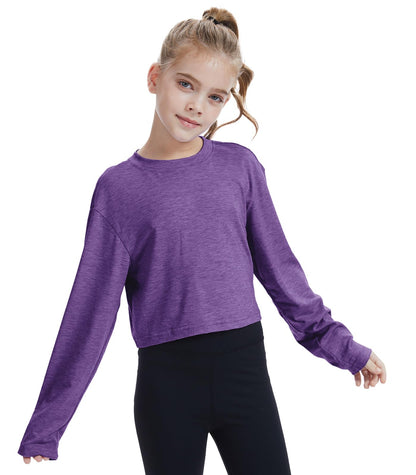 CharmWM Girls Long Sleeve Crop Top Crew Neck Casual Tee Deep Purple Size 9-10Y