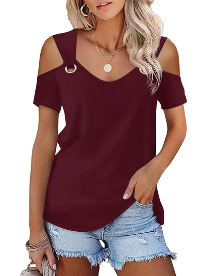 Bellcoco Womens Cold Shoulder V Neck Red Blouse Top XL