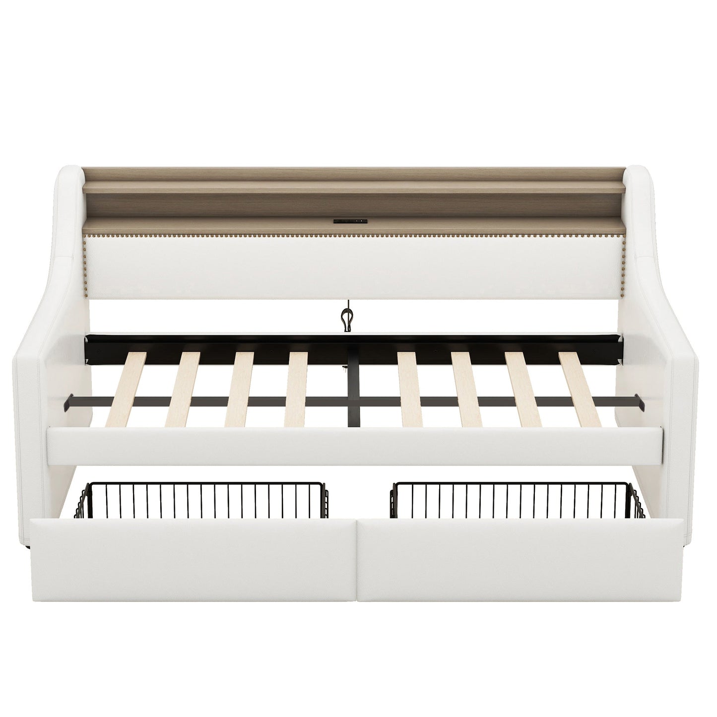 Twin Size Daybed with Drawers, Upholstered Daybed with Charging Station and LED Lights, White