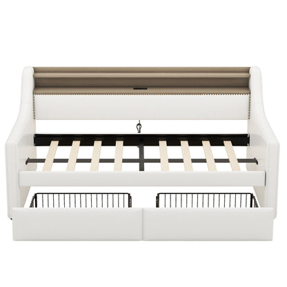 Twin Size Daybed with Drawers, Upholstered Daybed with Charging Station and LED Lights, White