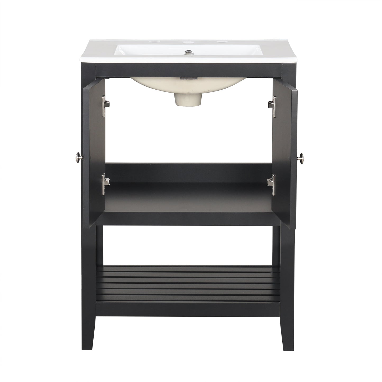 24" Black Modern Sleek Bathroom Vanity Elegant Ceramic Sink with Solid Wood Frame Open Style Shelf