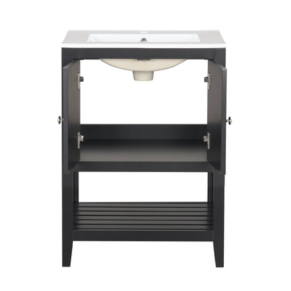 24" Black Modern Sleek Bathroom Vanity Elegant Ceramic Sink with Solid Wood Frame Open Style Shelf