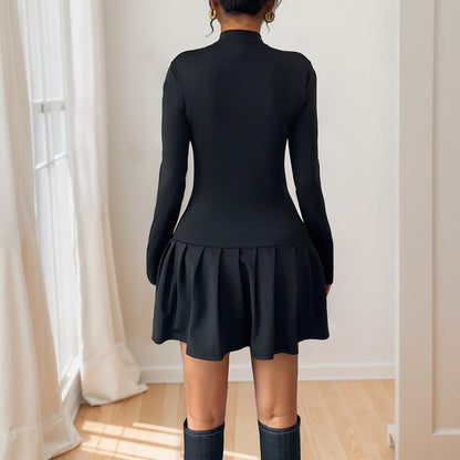 Bowknot Button Decorated Stand Collar Long Sleeve Dress