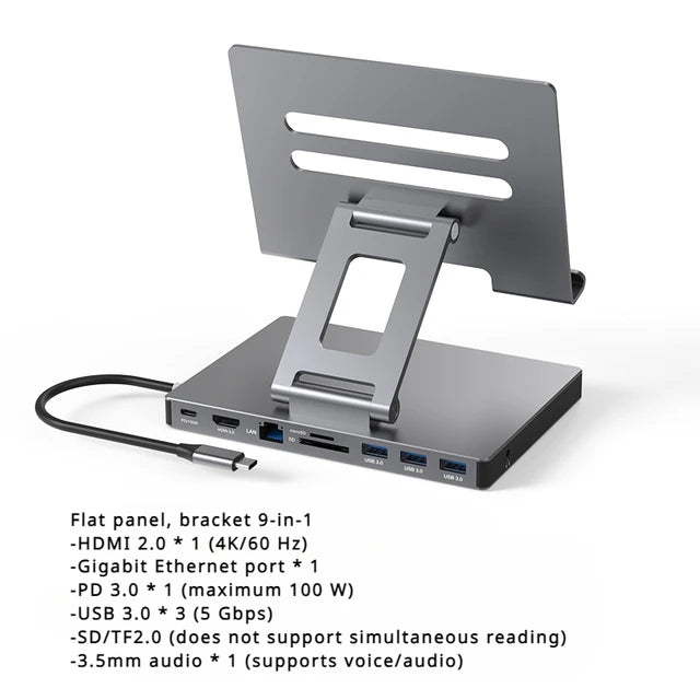 4K/60Hz Gigabit Ethernet Port USB 3.0 Splitter Hub Converter Flat Panel Rotary Stand Type-c Docking Station
