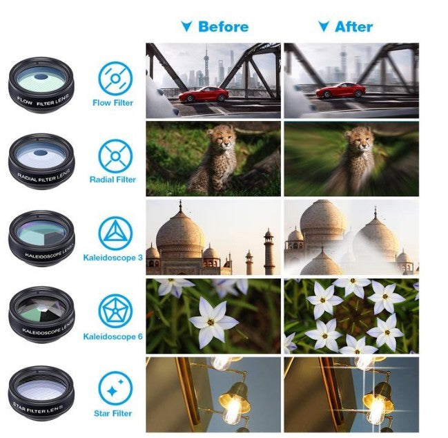 APEXEL Phone Lens Kit Universal 10 In 1 Fisheye Wide Angle Macro Lens CPL Filter Kaleidoscope 2X Telescope Lens For Smartphone
