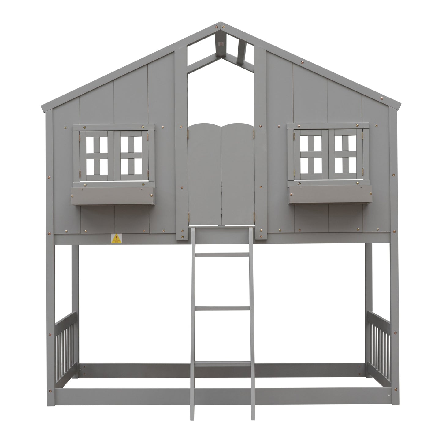 Twin over Twin House Bunk Bed with Roof , Window, Window Box, Door , with Safety Guardrails and Ladder, Grey