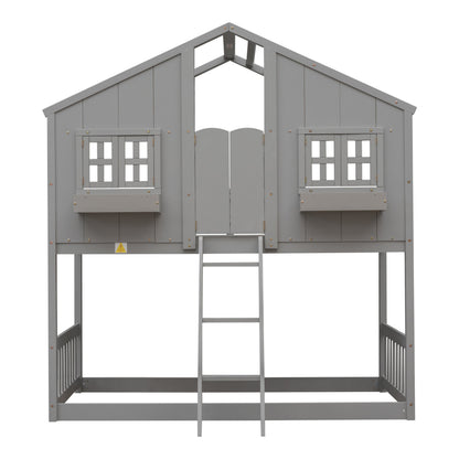 Twin over Twin House Bunk Bed with Roof , Window, Window Box, Door , with Safety Guardrails and Ladder, Grey