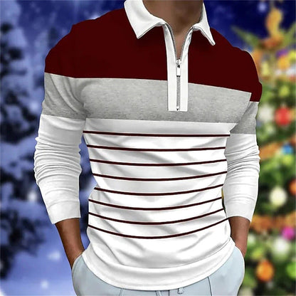 Men's Long Sleeve Color Block Zipper Polo Shirt