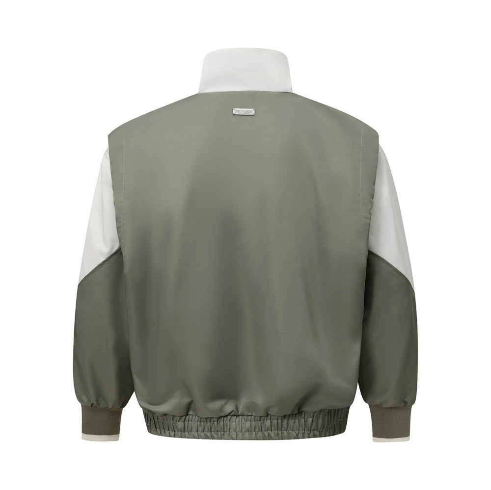 European And American Color Contrast Patchwork Workwear Stand-up Collar Jacket