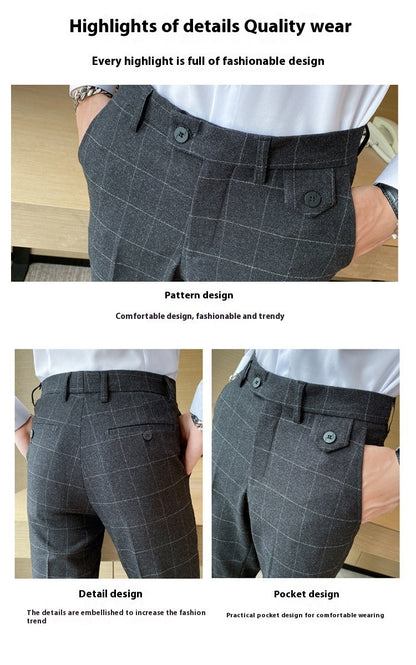 Korean Style British Checkered Slim Fit Men's Suit Pants