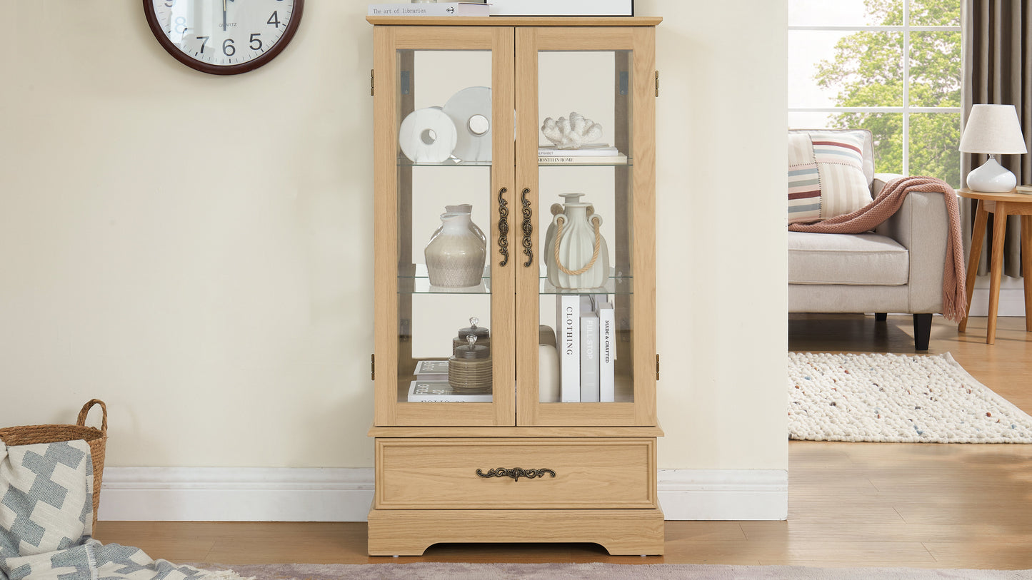 Light colored glass cabinet with adjustable glass frame, including cabinet light bulbs OAK with 2 doors and 1 drawer