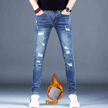 Ripped Fleece Slim-fit Stretch Jeans