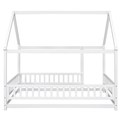 Full Size Floor Wooden Bed with House Roof Frame, Fence Guardrails ,White