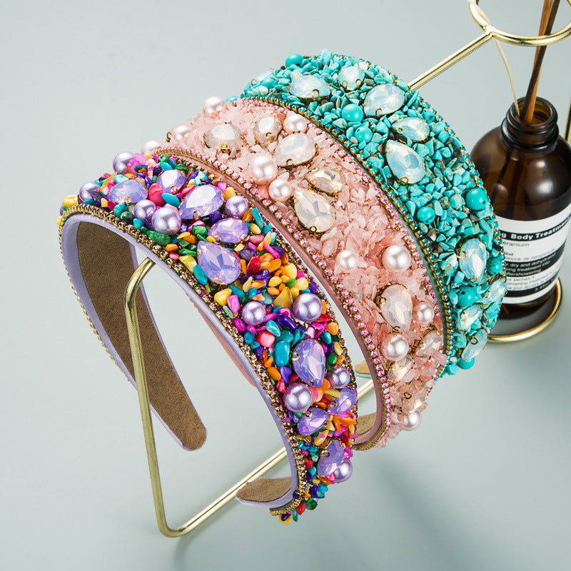 Personalized Design Colorful Turquoise Diamond Inlaid Wide Edge Fabric Candy Colored Headband Temperament Headwear