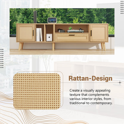 Vine TV stand with 2 cabinets and 2 open shelves, suitable for TVs under 80 inches, with solid wood legs for TV cabinets